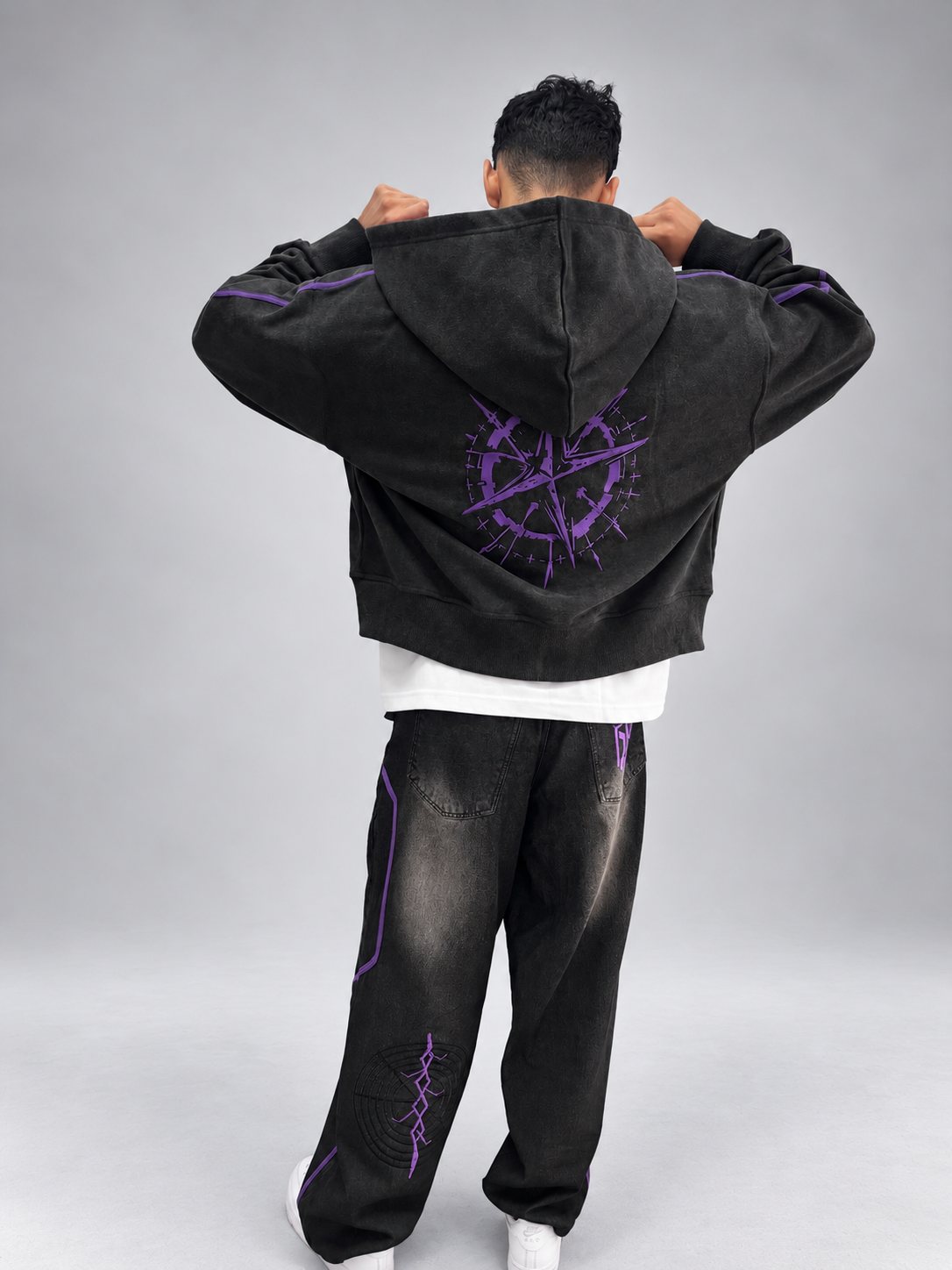 Drop 001 hoodie with purple compass print on the back